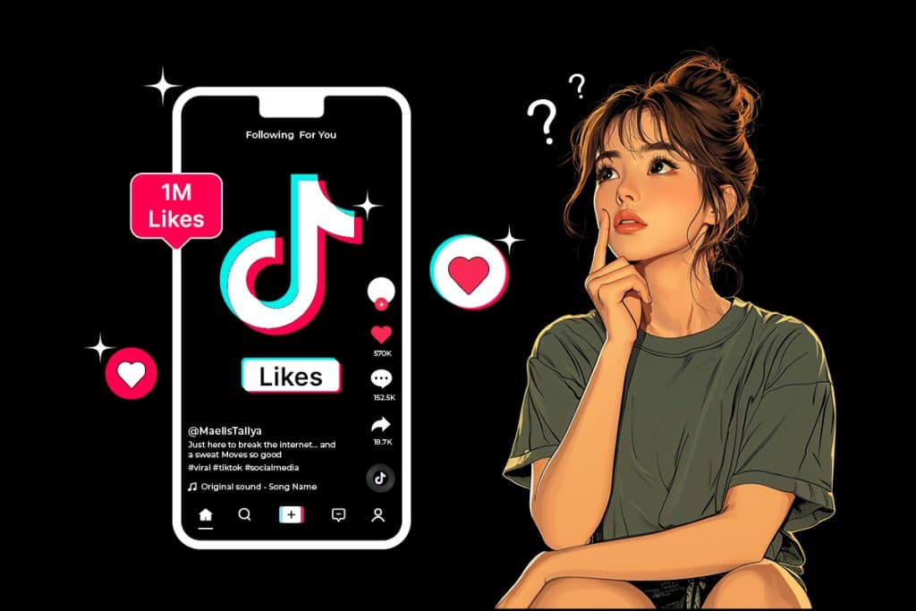 فتاة تفكر في شراء لايكات تيك توك مع ظهور شعار المنصة وعدد إعجابات كبير 1M Likes، تعبيرًا عن التفاعل والمصداقية.