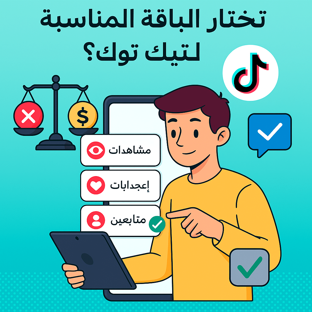 "صورة توضيحية باللغة العربية لرجل يختار بين باقات المتابعين والمشاهدات والإعجابات على تيك توك باستخدام ميزان للمقارنة."
