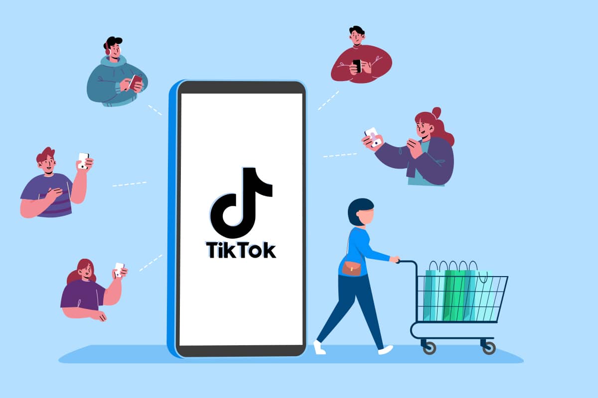 رسم توضيحي لسيدة تشتري متابعين تيك توك مع تفاعل من مستخدمين حول تطبيق TikTok.